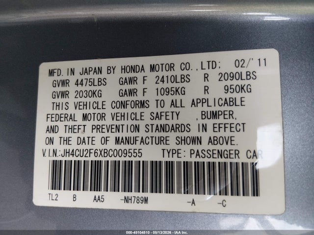 Продажа на аукционе авто 2011 Acura Tsx 2.4, vin: JH4CU2F6XBC009555, номер лота: 45104510