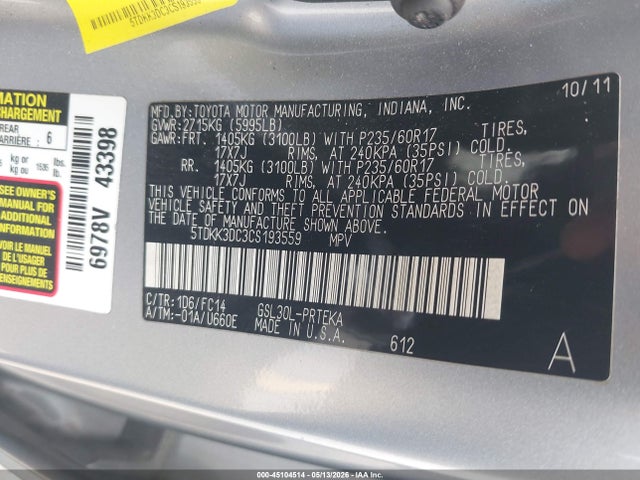Aukcja sprzedaży 2012 Toyota Sienna Le V6 8 Passenger, vin: 5TDKK3DC3CS193559, numer aukcji: 45104514