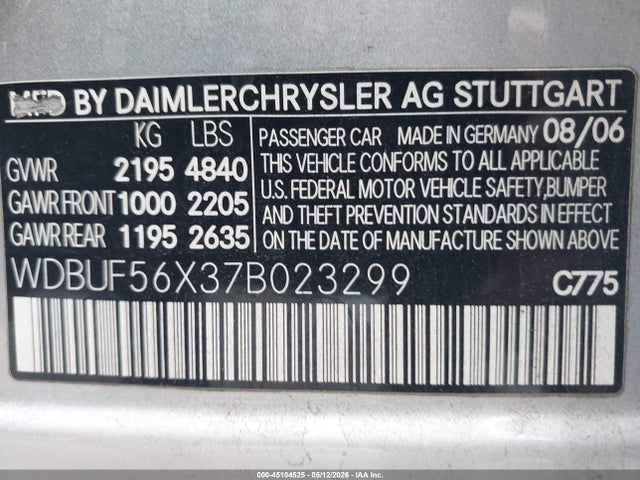 45104525 :رقم المزاد ، WDBUF56X37B023299 vin ، 2007 Mercedes-benz E 350 مزاد بيع