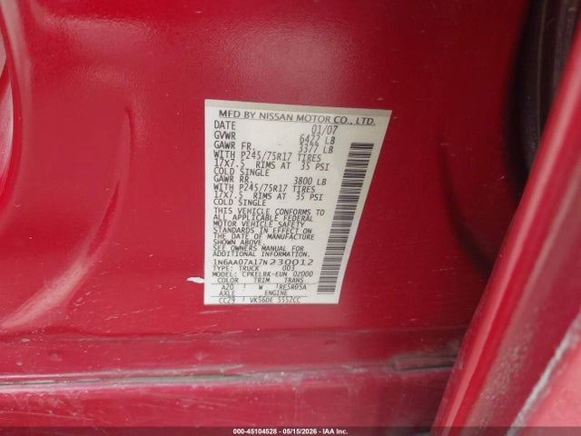 2007 Nissan Titan Xe მანქანა იყიდება აუქციონზე, vin: 1N6AA07A17N230012, აუქციონის ნომერი: 45104528