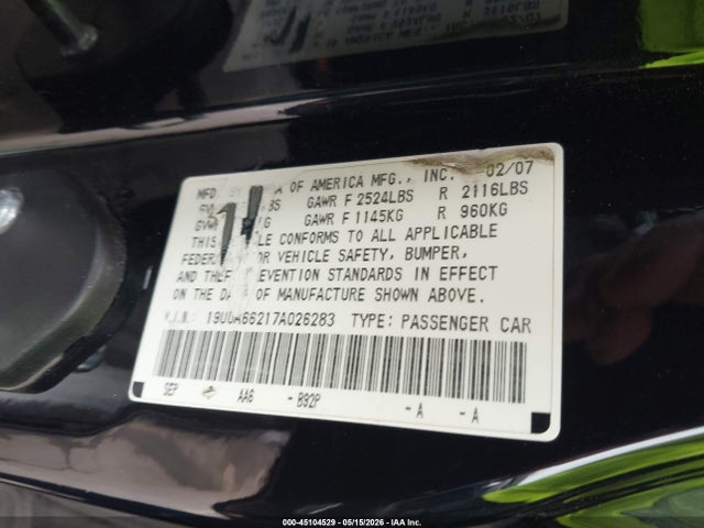 Продаж на аукціоні авто 2007 Acura Tl 3.2, vin: 19UUA66217A026283, номер лоту: 45104529