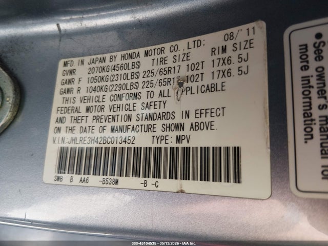 Продажа на аукционе авто 2011 Honda Cr-v Se, vin: JHLRE3H42BC013452, номер лота: 45104535