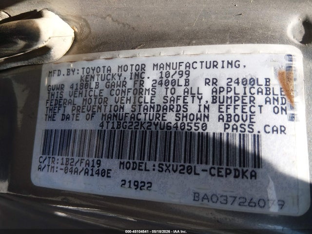 Aukcja sprzedaży 2000 Toyota Camry Ce, vin: 4T1BG22K2YU640550, numer aukcji: 45104541