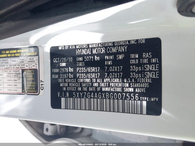 2011 Hyundai Santa Fe Gls V6 მანქანა იყიდება აუქციონზე, vin: 5XYZG4AGXBG007556, აუქციონის ნომერი: 45104542