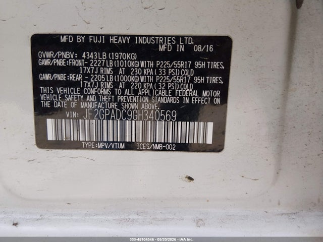 Aukcja sprzedaży 2016 Subaru Crosstrek 2.0i Premium, vin: JF2GPADC9GH340569, numer aukcji: 45104546
