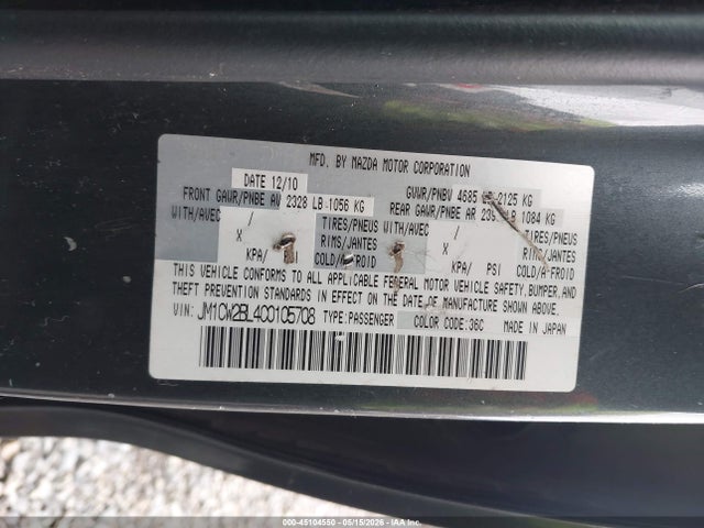 2012 Mazda Mazda5 Sport მანქანა იყიდება აუქციონზე, vin: JM1CW2BL4C0105708, აუქციონის ნომერი: 45104550