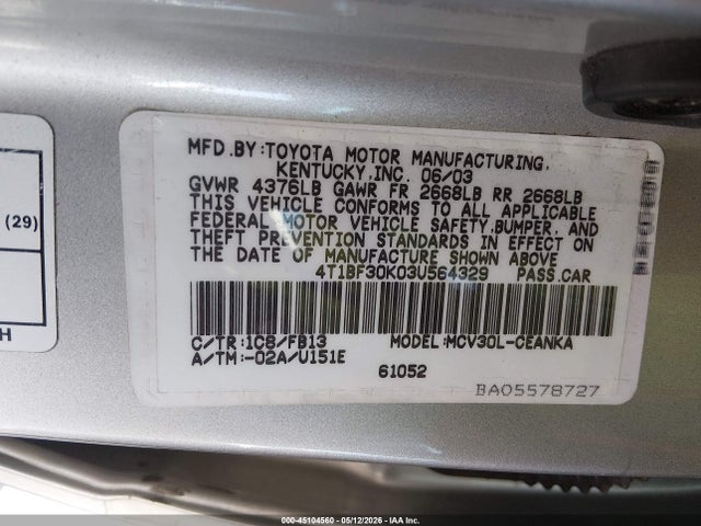 Aukcja sprzedaży 2003 Toyota Camry Le V6, vin: 4T1BF30K03U564329, numer aukcji: 45104560