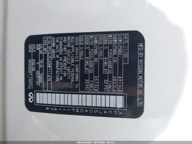 Aukcja sprzedaży 2021 Infiniti Qx50 Sensory, vin: 3PCAJ5CA0MF111478, numer aukcji: 45104563