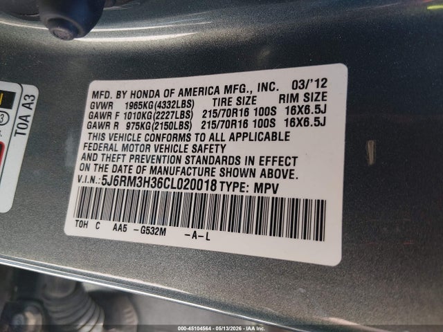Продаж на аукціоні авто 2012 Honda Cr-v Lx, vin: 5J6RM3H36CL020018, номер лоту: 45104564