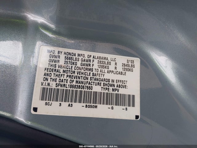 Продажа на аукционе авто 2003 Honda Odyssey Ex, vin: 5FNRL18683B067660, номер лота: 45104566