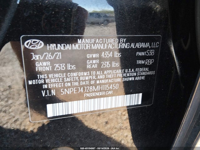 45104567 :رقم المزاد ، 5NPEJ4J28MH115450 vin ، 2021 Hyundai Sonata Sel Plus مزاد بيع