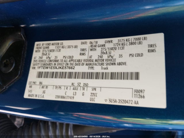 Продажа на аукционе авто 2018 Ford F-150 Xl, vin: 1FTEW1E5XJKE57662, номер лота: 45104568