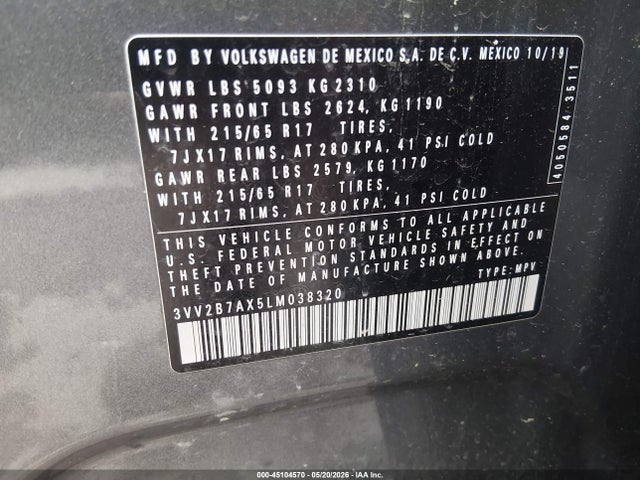 Aukcja sprzedaży 2020 Volkswagen Tiguan 2.0t Se/2.0t Se R-line Black/2.0t Sel, vin: 3VV2B7AX5LM038320, numer aukcji: 45104570