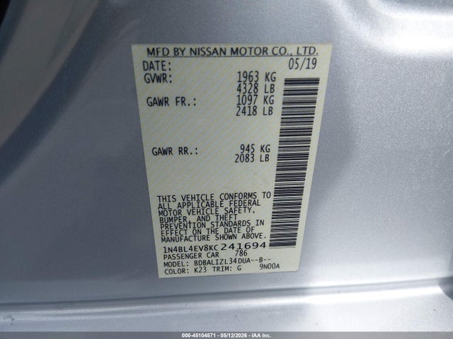 Nissan Altima 2.5 Sl 2019 1N4BL4EV8KC241694 Image 9