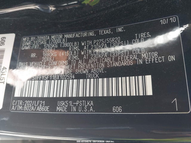 Продажа на аукционе авто 2011 Toyota Tundra Limited 5.7l V8, vin: 5TFFY5F11BX102594, номер лота: 45104576