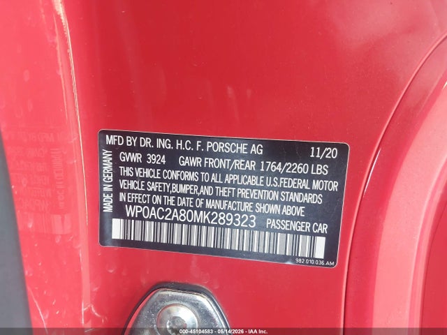 Продаж на аукціоні авто 2021 Porsche 718 Cayman Gt4, vin: WP0AC2A80MK289323, номер лоту: 45104583