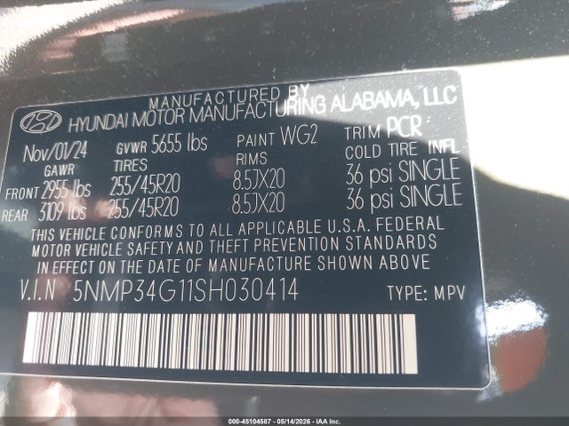 2025 Hyundai Santa Fe Hybrid Limited მანქანა იყიდება აუქციონზე, vin: 5NMP34G11SH030414, აუქციონის ნომერი: 45104587