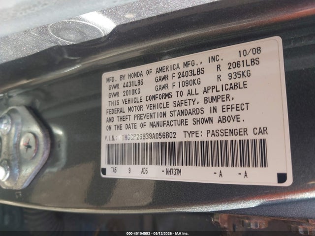 Aukcja sprzedaży 2009 Honda Accord 2.4 Ex-l, vin: 1HGCP26839A056802, numer aukcji: 45104593