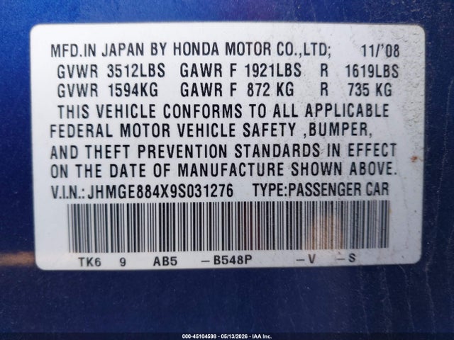 45104598 :رقم المزاد ، JHMGE884X9S031276 vin ، 2009 Honda Fit Sport مزاد بيع