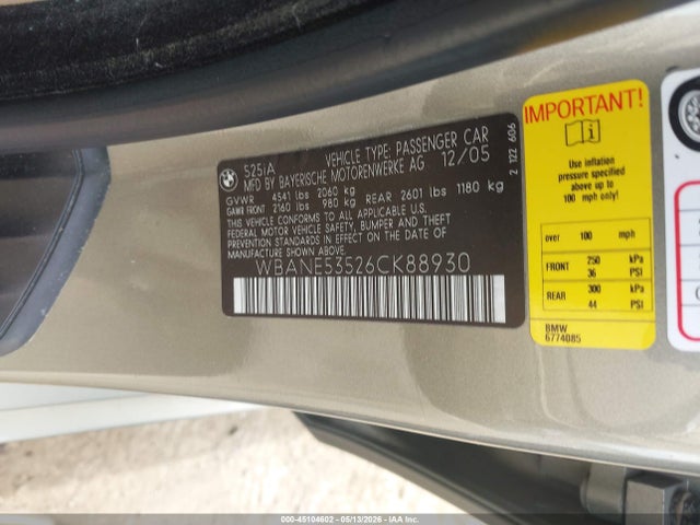 Продаж на аукціоні авто 2006 Bmw 525i, vin: WBANE53526CK88930, номер лоту: 45104602