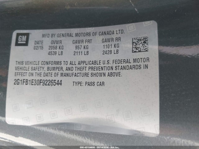 45104606 :رقم المزاد ، 2G1FB1E30F9226544 vin ، 2015 Chevrolet Camaro 2ls مزاد بيع