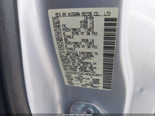 Aukcja sprzedaży 2004 Nissan Frontier Xe, vin: 1N6DD26T64C482607, numer aukcji: 45104608