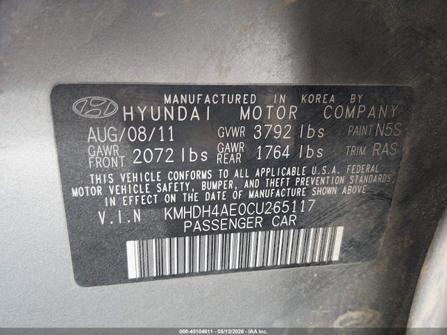 2012 Hyundai Elantra Limited (ulsan Plant) მანქანა იყიდება აუქციონზე, vin: KMHDH4AE0CU265117, აუქციონის ნომერი: 45104611