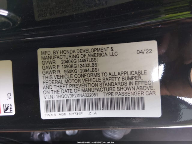 Aukcja sprzedaży 2022 Honda Accord Hybrid Sport, vin: 1HGCV3F2XNA022051, numer aukcji: 45104613