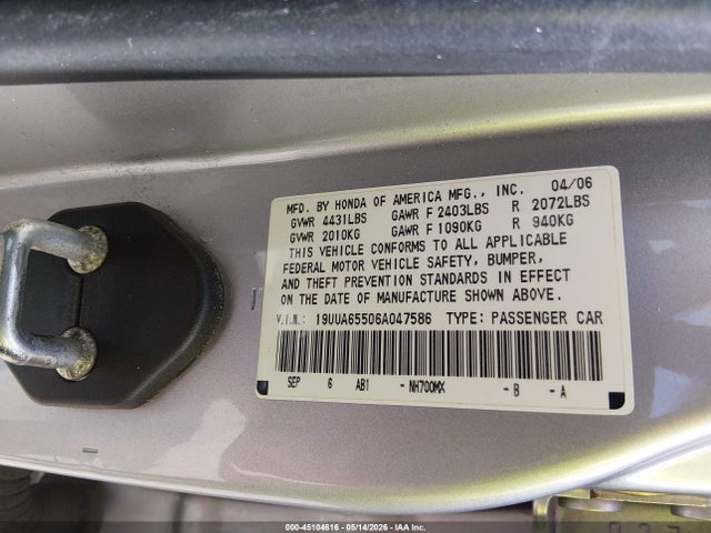 45104616 :رقم المزاد ، 19UUA65506A047586 vin ، 2006 Acura Tl مزاد بيع
