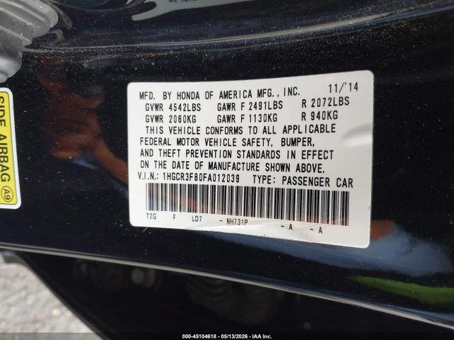 Продажа на аукционе авто 2015 Honda Accord Ex-l V-6, vin: 1HGCR3F80FA012039, номер лота: 45104618