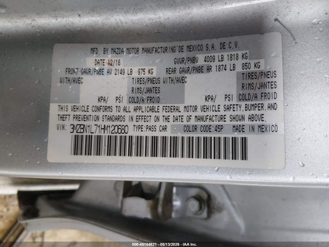 Продаж на аукціоні авто 2017 Mazda Mazda3 Touring, vin: 3MZBN1L71HM120680, номер лоту: 45104621