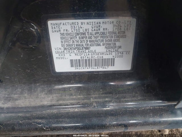 45104625 :رقم المزاد ، 3N1CN7AP3GL879867 vin ، 2016 Nissan Versa 1.6 Sv مزاد بيع