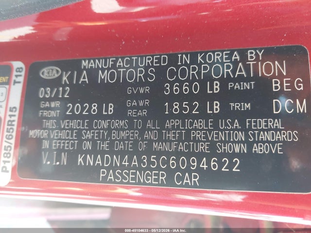 2012 Kia Rio Ex მანქანა იყიდება აუქციონზე, vin: KNADN4A35C6094622, აუქციონის ნომერი: 45104633