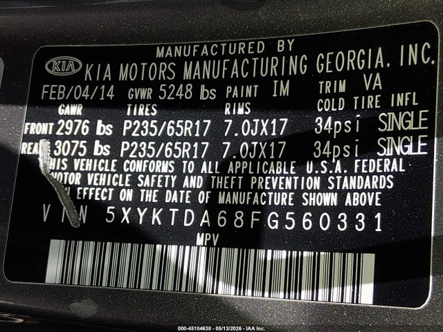 45104638 :رقم المزاد ، 5XYKTDA68FG560331 vin ، 2015 Kia Sorento Lx مزاد بيع