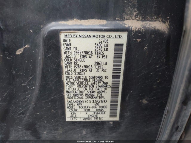 45104645 :رقم المزاد ، 5N1AN08W27C519280 vin ، 2007 Nissan Xterra S مزاد بيع