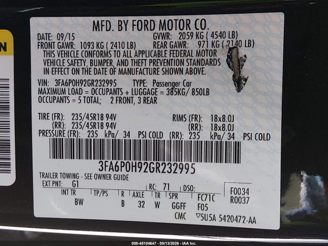 Aukcja sprzedaży 2016 Ford Fusion Se, vin: 3FA6P0H92GR232995, numer aukcji: 45104647