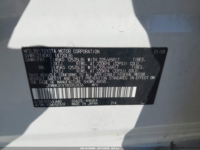 45104656 :رقم المزاد ، JTMBK31V785052836 vin ، 2008 Toyota Rav4 Limited V6 مزاد بيع