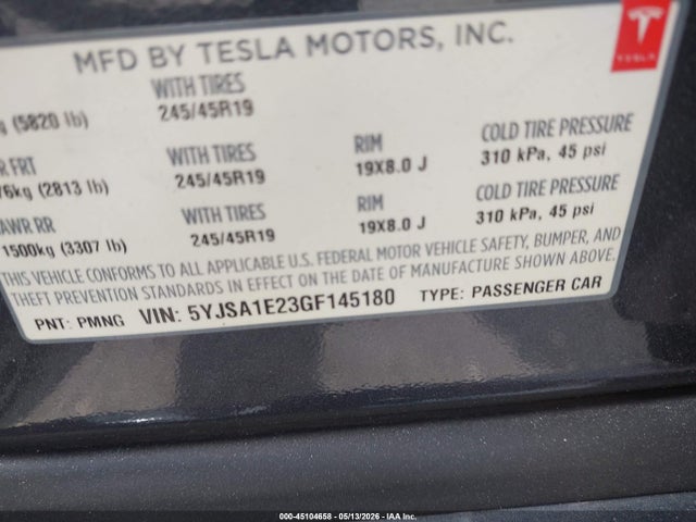 Продажа на аукционе авто 2016 Tesla Model S 60d/70d/75d/85d/90d, vin: 5YJSA1E23GF145180, номер лота: 45104658