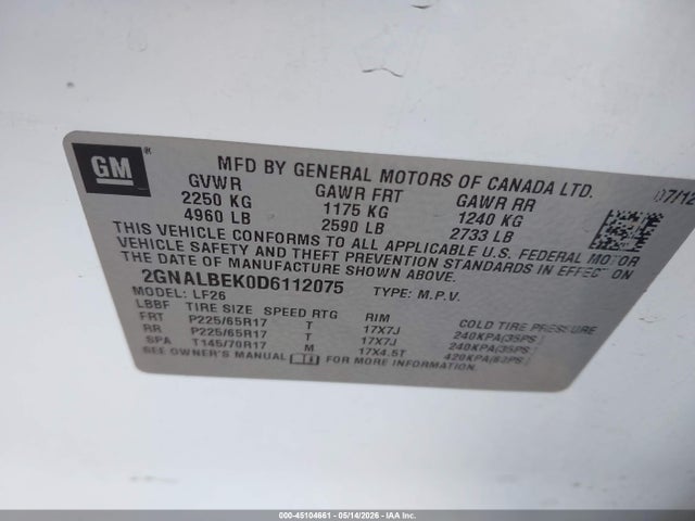 Продаж на аукціоні авто 2013 Chevrolet Equinox Ls, vin: 2GNALBEK0D6112075, номер лоту: 45104661