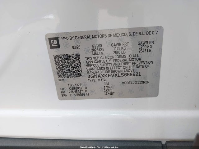 2020 Chevrolet Equinox Fwd Lt 1.5l Turbo მანქანა იყიდება აუქციონზე, vin: 3GNAXKEVXLS668621, აუქციონის ნომერი: 45104663