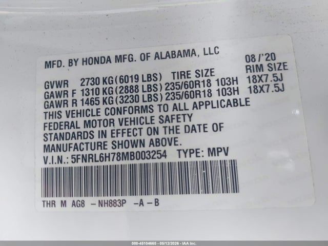 Honda Odyssey Ex-l 2021 5FNRL6H78MB003254 Image 9
