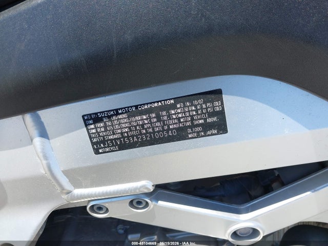 2003 Suzuki Dl1000 მანქანა იყიდება აუქციონზე, vin: JS1VT53A232100540, აუქციონის ნომერი: 45104669