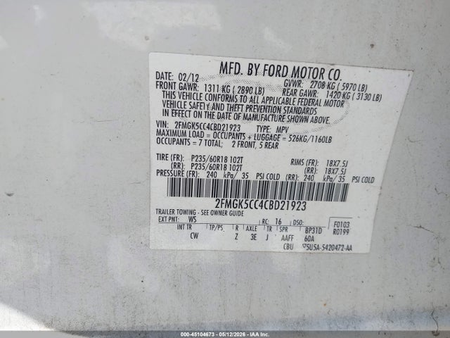 2012 Ford Flex Sel მანქანა იყიდება აუქციონზე, vin: 2FMGK5CC4CBD21923, აუქციონის ნომერი: 45104673