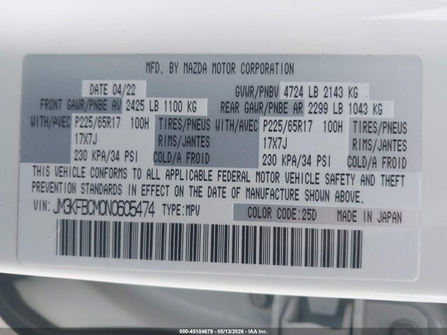 Aukcja sprzedaży 2022 Mazda Cx-5 2.5 S Preferred, vin: JM3KFBCM0N0605474, numer aukcji: 45104679