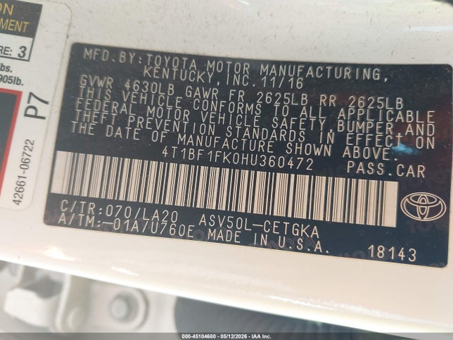 Toyota CAMRY XLE 2017 4T1BF1FK0HU360472 Image 9