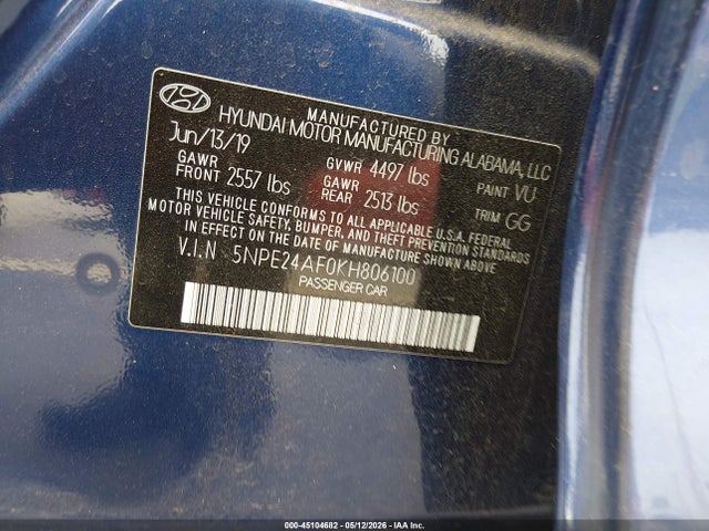 Aukcja sprzedaży 2019 Hyundai Sonata Se, vin: 5NPE24AF0KH806100, numer aukcji: 45104682