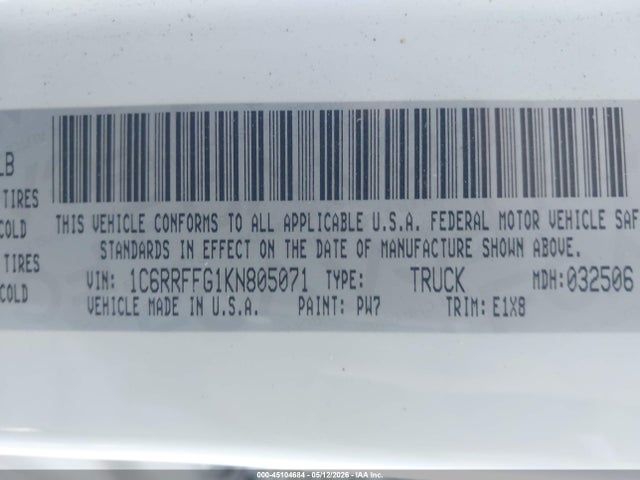 Продаж на аукціоні авто 2019 Ram 1500 Big Horn/lone Star  4x4 5'7 Box, vin: 1C6RRFFG1KN805071, номер лоту: 45104684