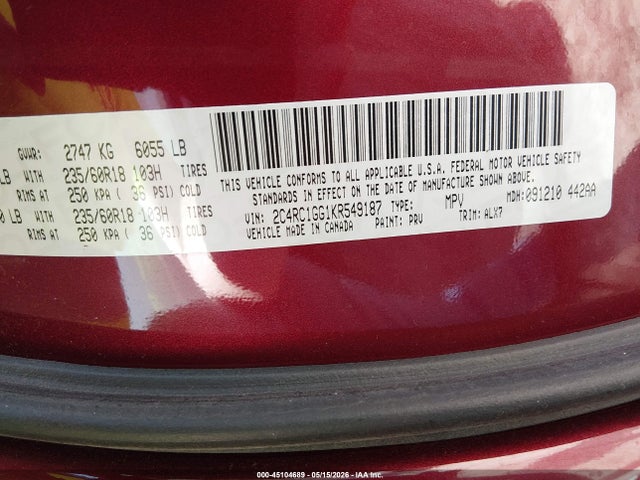 2019 Chrysler Pacifica Limited მანქანა იყიდება აუქციონზე, vin: 2C4RC1GG1KR549187, აუქციონის ნომერი: 45104689