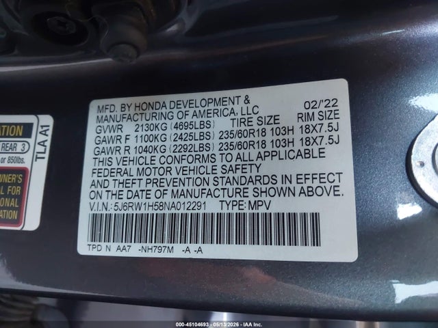 Aukcja sprzedaży 2022 Honda Cr-v 2wd Ex, vin: 5J6RW1H58NA012291, numer aukcji: 45104693