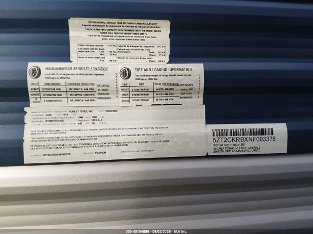 Aukcja sprzedaży 2022 Cherokee Grey Wolf, vin: 5ZT2CKRBXNF003376, numer aukcji: 45104696